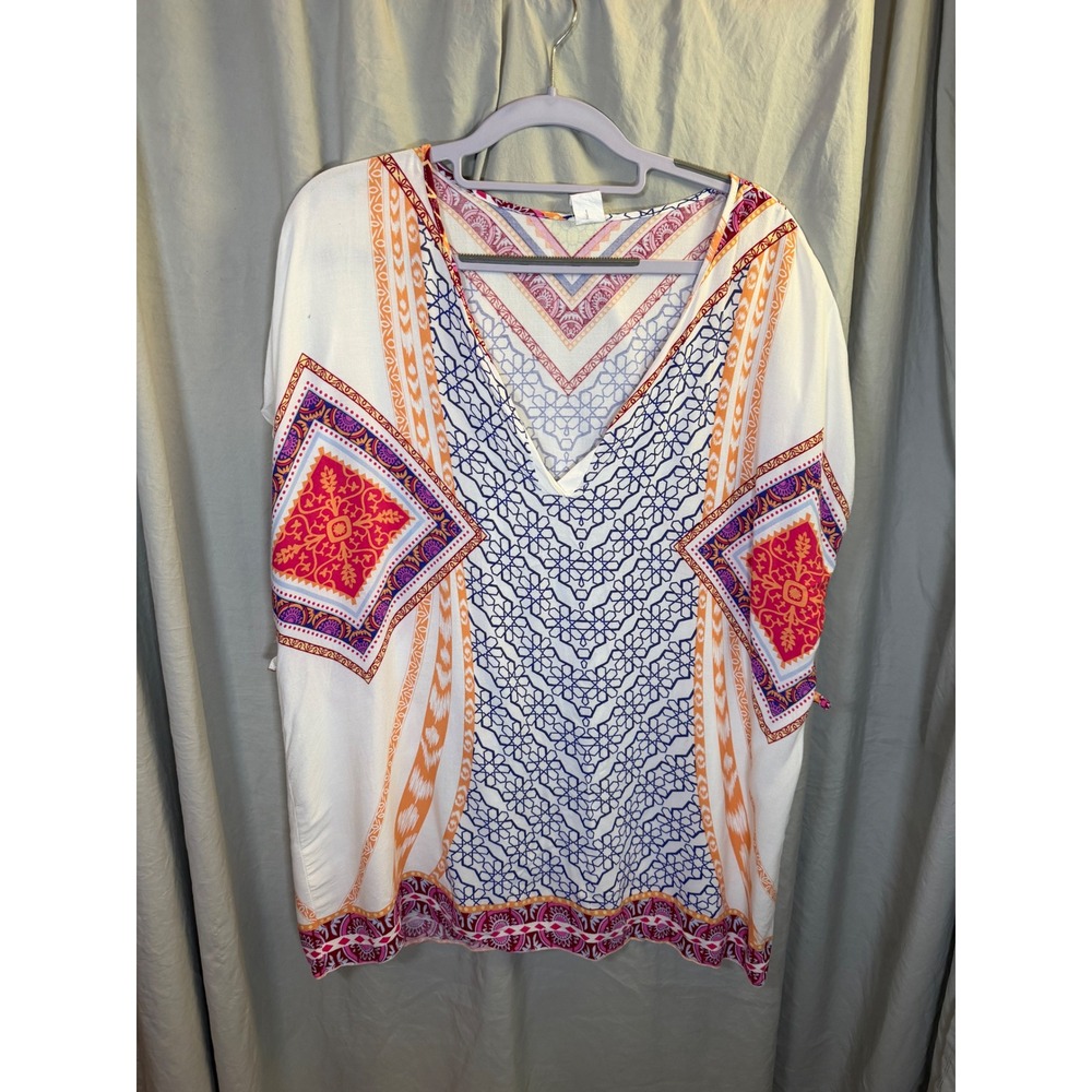 Far East Viscose Geometric Medallion Print V-Neck Tunic Top White Orange Medium